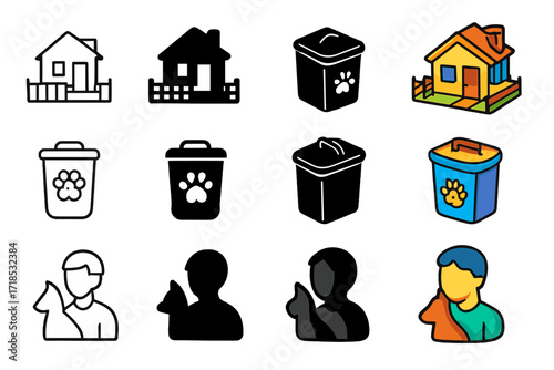 Pet Owners Icon Set. Icon Set of Responsible Pet Owners: House with yard, Trash can with paw symbol, Pet owner silhouette. Icons set in vector style,