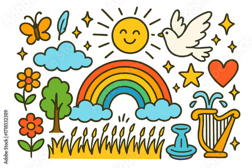 Whimsical Paradise Collage. Paradise. Colorful Hand-drawn doodle Children illustration rainbow, golden field, flower, tree, heart, star, sparkle, butterfly,