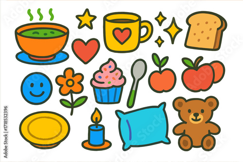 Comfort Food Doodle. Colorful Hand-drawn doodle Children illustration Comfort food soup bowl, cup of tea, bread, spoon, heart, star, sparkles, flower, apple,