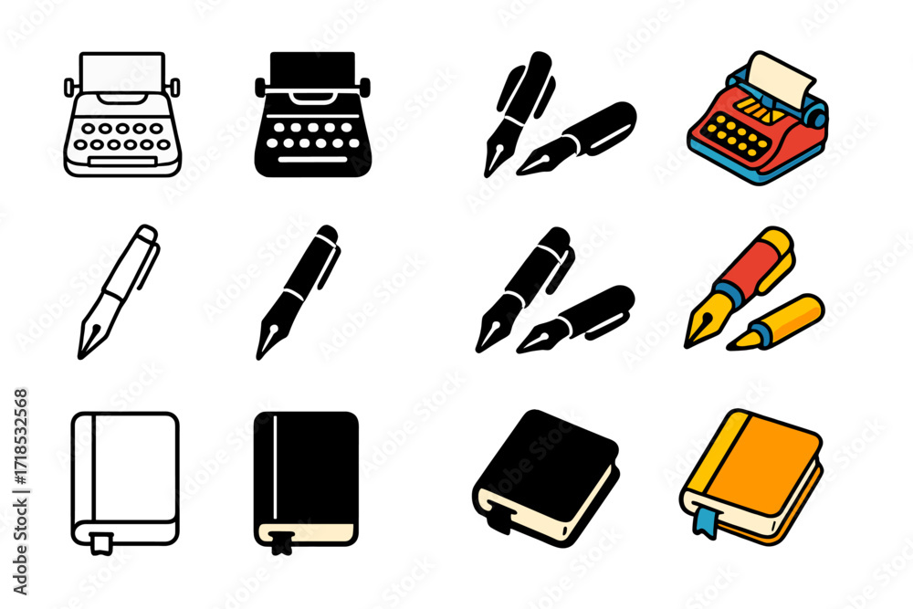 Obraz premium Writer's Tool Icons. Icon Set of Writer?s tools: typewriter, ink pen, notebook. Icons set in vector style, emblematic variations. Typewriter line, typewriter