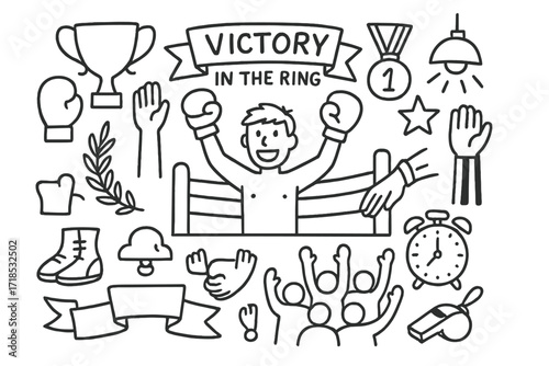 Victory in the Ring. Hand-drawn doodle illustration Victory in the Ring [raised arms, gloves, trophy, medal, ring ropes, referee hand, spotlight, cheering