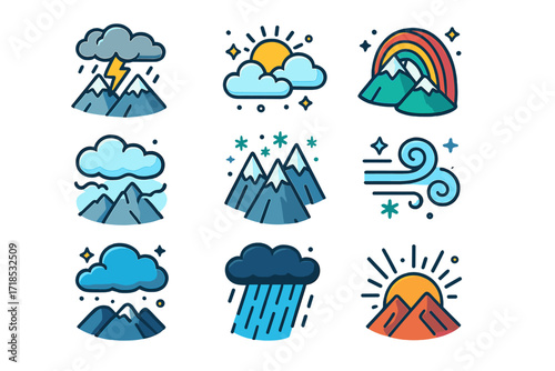 Colorful Mountain Weather Icons. Colorful isometric vector icons set of Mountain weather phenomena: thunderstorm in peaks, sunbeam through clouds, dense valley