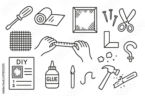 DIY Window Screen Repair. Hand-drawn doodle illustration DIY window screen fix [screwdriver, mesh roll, frame, nails, scissors, repair patch, hands, measuring