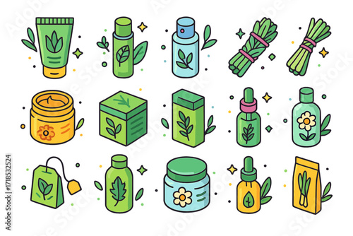 Herbal Product Icons. Colorful isometric vector icons set of Herbal & Plant-Based Products: aloe gel tube, mint lip balm, eucalyptus spray, sage bundle wrap,