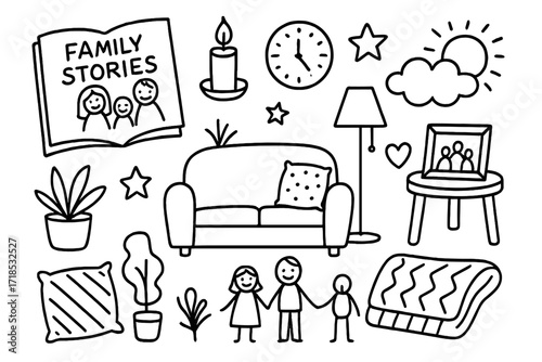 Family Doodle Icons. Hand-drawn doodle illustration Family storytelling book, candle, sofa, pillow, clock, lamp, heart, star, family figures, plant, blanket,