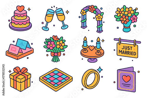 Wedding Icons Set. Colorful isometric vector icons set of Wedding Party Icons: wedding cake, champagne glasses, wedding arch, floral centerpiece, place cards,