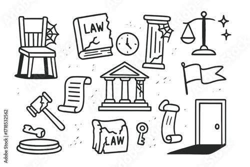 Abandoned Courtroom Doodles. Hand-drawn doodle illustration Abandoned courtroom [empty chair, broken gavel, torn law book, cracked column, cobweb, scales of
