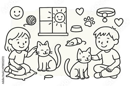 Children Petting Cats. Hand-drawn doodle illustration Children petting cats child, cat, yarn ball, scratching post, food bowl, paw icon, smiling face, heart,