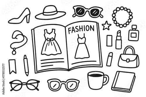 Fashion Doodle Icons. Hand-drawn doodle illustration Fashion magazine browsing [open magazine, dress sketch, shoe, hat, sunglasses, star, necklace, perfume