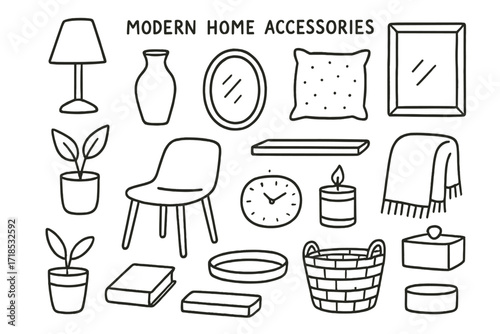 Modern Home Doodles. Hand-drawn doodle illustration [Modern home accessories] [lamp, vase, mirror, frame, shelf, cushion, chair, throw blanket, plant pot,