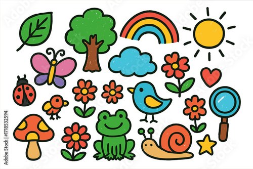 Nature Exploration Doodles. Colorful Hand-drawn doodle Children illustration Outdoor curiosity leaf, tree, mushroom, frog, snail, butterfly, ladybug, cloud,