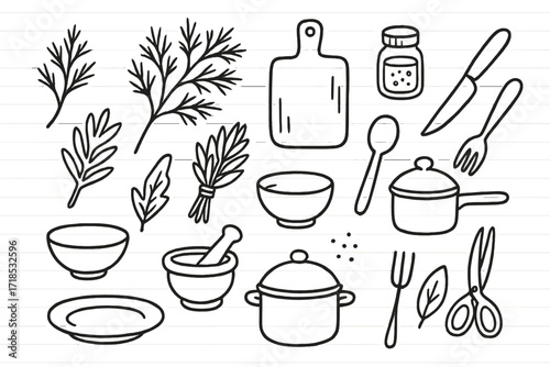 Dill Herb Doodle Icons. Hand-drawn doodle illustration dill herb dill sprig, dill leaves, herb bunch, cutting board, knife, jar, spoon, bowl, mortar and