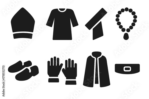 Ceremonial Attire Icons. Solid, filled icon set of ceremonial attire: headdress, robe, sash, bead necklace, ceremonial shoes, gloves, cloak, belt. Solid,