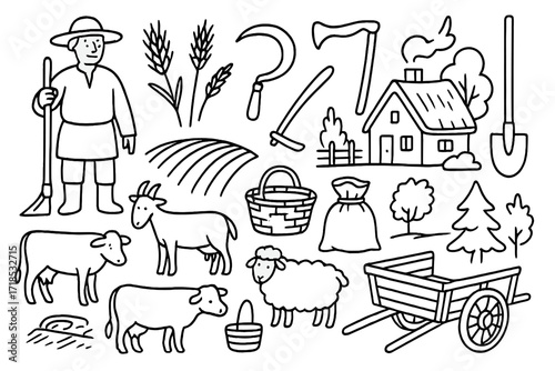 Farming Tools Doodle. Hand-drawn doodle illustration farming peasantry plowed field, wheat, sickle, hoe, plow, shovel, cow, goat, sheep, basket, sack, cottage,