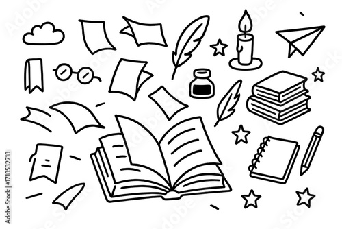 Books and Pages Take Flight. Hand-drawn doodle illustration Pages taking flight Book, open pages, flying papers, quill, feather, ink bottle, bookmark, glasses,