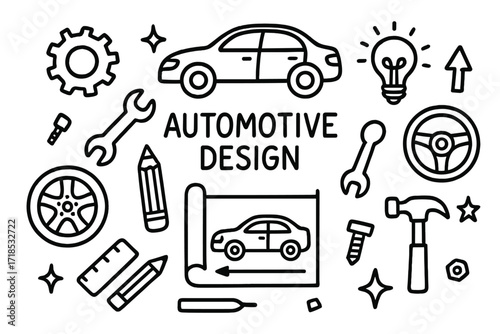 Automotive Design Doodles. Hand-drawn doodle illustration Automotive Design [car, wheel, gear, wrench, pencil, ruler, blueprint, steering wheel, light bulb,