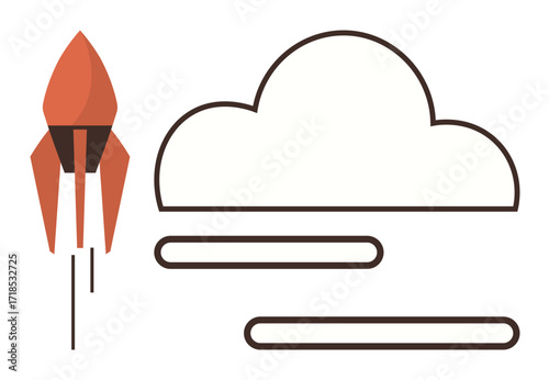 Rocket lifting off beside a simple cloud shape with minimalist lines. Ideal for startup, innovation, progress, technology, growth, aspirations, and data ideas. Simple flat metaphor