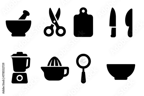 Mint Kitchen Tool Icons. Solid, filled icon set of mint kitchen tools: mortar and pestle, herb scissors, cutting board, knife, blender, juicer, sieve, mixing
