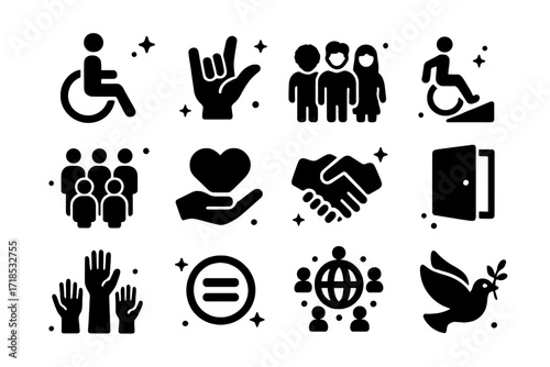 Inclusion Icons Grid. Inclusion. Solid icons set of wheelchair symbol, sign language hand, diverse people, accessible ramp, inclusive circle, support heart,