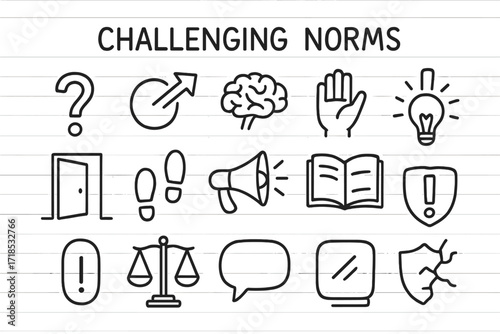 Challenging Norms Doodle. Hand-drawn doodle illustration Challenging norms [question mark, arrow breaking circle, brain, raised hand, lightbulb, megaphone,