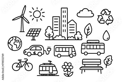 Eco-Friendly City Doodles. Hand-drawn doodle illustration Future sustainable city skyscraper, solar panel, wind turbine, globe, recycling symbol, electric car,