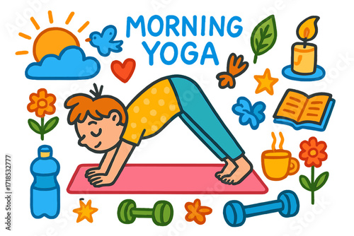 Morning Yoga Icons. Morning yoga. Colorful Hand-drawn doodle Children illustration sunrise, yoga mat, stretching figure, tea cup, cloud, bird, leaf, star,