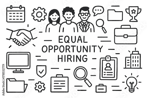 Diverse Hiring Doodles. Hand-drawn doodle illustration [Equal opportunity hiring] [diverse people, handshake, resume, clipboard, magnifying glass, computer,