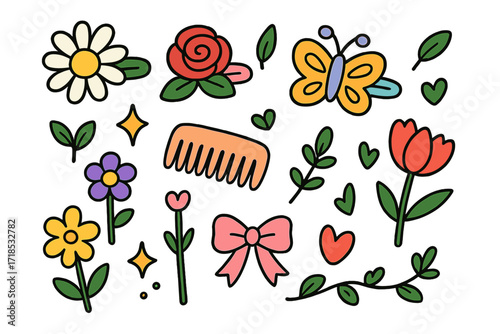 Flower Hair Clips. Colorful Hand-drawn doodle Children illustration Flower Hair Clips daisy clip, rose clip, butterfly clip, tiny leaves, sparkle, comb, flower