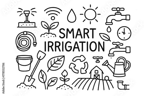 Smart Irrigation Doodles. Hand-drawn doodle illustration Smart Irrigation [sprinkler, hose, droplet, plant, soil, shovel, bucket, sun, leaf, clock, tap,