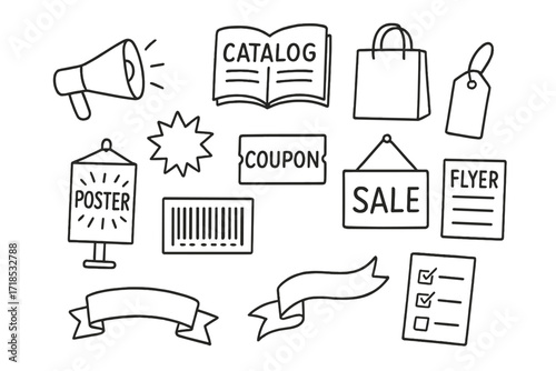 Doodle Marketing Icons. Advertising. Hand-drawn doodle illustration catalog, megaphone, price tag, shopping bag, starburst, coupon, barcode, sale sign, poster,