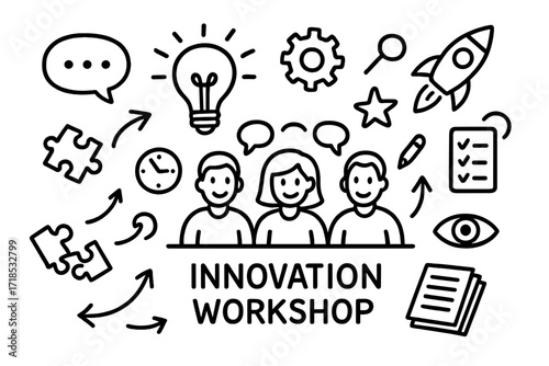 Creative Team Brainstorm. Hand-drawn doodle illustration innovation workshop group of people, light bulb, speech bubble, puzzle pieces, rocket, gear,