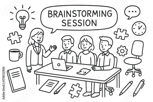 Creative Brainstorming Icons. Brainstorming Session. Hand-drawn doodle illustration brainstorming session businesswoman, employees, light bulb, puzzle pieces,