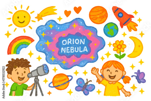 Children Exploring Orion Nebula. Colorful Hand-drawn doodle Children illustration Exploring Orion Nebula stars, nebula cloud, planets, rocket, telescope, moon,