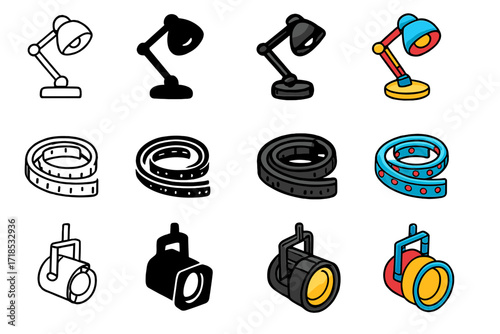 Lighting Icons Variety. Icon Set of Lighting setup: desk lamp, LED strip, spotlight. Icons set in vector style, emblematic variations. Desk lamp line, desk