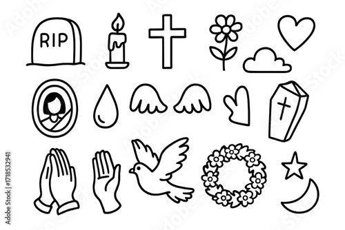 Memorial Symbols Doodle. Hand-drawn doodle illustration deceased tombstone, candle, cross, flower, framed photo, teardrop, angel wings, cloud, heart, hands in