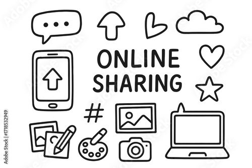 Doodle Icons_ Online Sharing. Online Sharing. Hand-drawn doodle illustration online sharing smartphone, chat bubble, upload arrow, heart, star, hashtag, photo