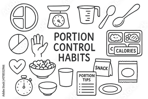 Portion Control Doodles. Hand-drawn doodle illustration Portion control habits [divided plate, food scale, measuring cup, spoon, pie chart, hand guide, salad