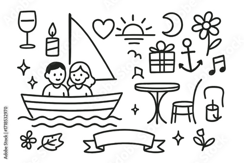 Romantic Boat Doodle. Hand-drawn doodle illustration Romantic Boat Cruise couple icon, wine glass, candle, heart, sunset, flower, anchor, boat, waves, ribbon,