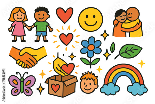 Joyful Doodle Friendship. Colorful Hand-drawn doodle Children illustration Support and kindness holding hands, heart, star, smiley faces, helping hand, hug,