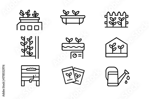 Urban Garden Icons. Urban gardens. Line icon set of urban gardens: rooftop garden, balcony planter, community garden, vertical garden, hydroponic system,
