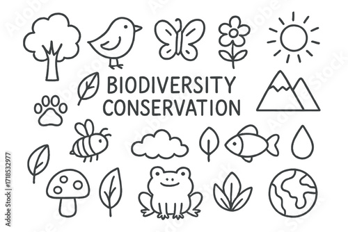 Biodiversity Conservation Doodles. Hand-drawn doodle illustration biodiversity conservation tree, bird, butterfly, flower, fish, bee, paw print, leaf, frog,
