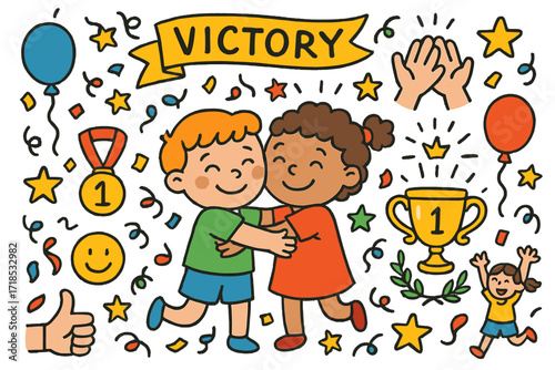 Winning Joy Celebration. Colorful Hand-drawn doodle Children illustration Winner's embrace trophy, medal, confetti, hugging kids, victory banner, stars,