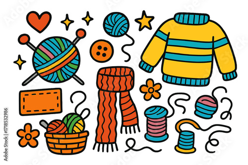 Colorful Knitting Doodles. Knitting. Colorful Hand-drawn doodle Children illustration Knitting yarn ball, knitting needles, scarf, sweater, button, fabric,