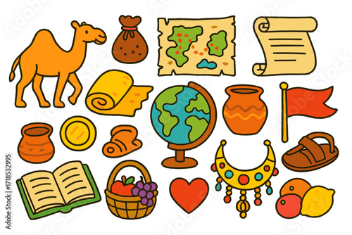 Ancient Trade Doodles. Colorful Hand-drawn doodle Children illustration Ancient trade routes camel, silk roll, spice bag, map, scroll, globe, coin, pottery,