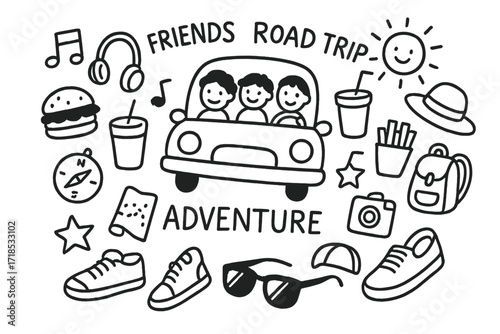 Road Trip Doodles. Hand-drawn doodle illustration friends road trip adventure car, music note, headphones, sunglasses, soda cup, burger, fries, map, compass,