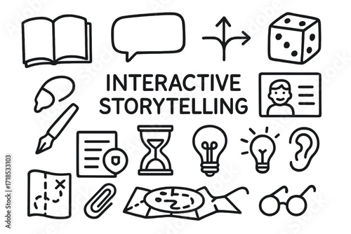 Interactive Storytelling Icons. Hand-drawn doodle illustration Interactive storytelling [book, speech bubble, branching path icon, dice, character card,