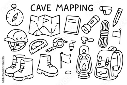 Cave Mapping Essentials. Cave mapping. Hand-drawn doodle illustration cave mapping compass, map, pencil, notebook, flashlight, rope, helmet, boots, protractor,