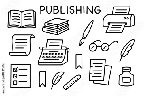 Publishing Tools Doodle. Publishing. Hand-drawn doodle illustration open book, stack of books, printer, typewriter, scroll, ink pen, paper sheets, ruler,