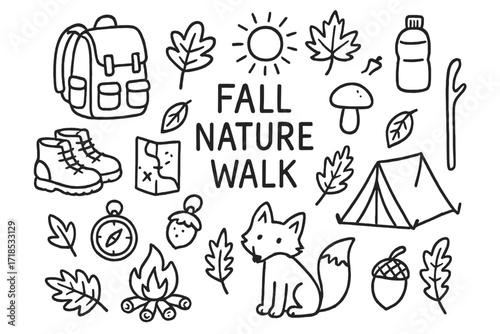 Fall Nature Walk Doodles. Hand-drawn doodle illustration Fall nature walk, backpack, hiking boots, map, compass, water bottle, campfire, leaves, acorn, pine