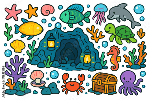 Mystical Underwater Adventure. Colorful Hand-drawn doodle Children illustration Mystical Underwater Caves glowing fish, coral, starfish, seashell, pearl,